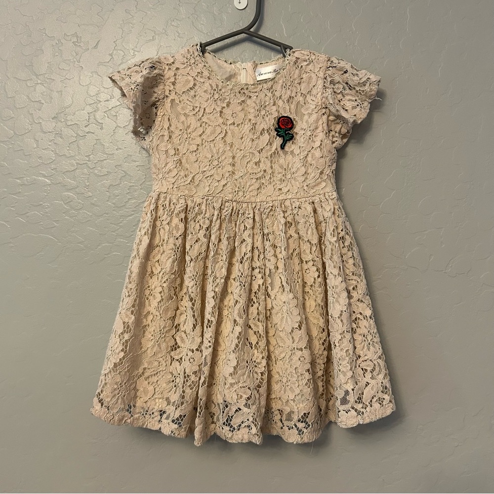 Aurora Baby cream beige colored lace dress with embroidered rose size 4
